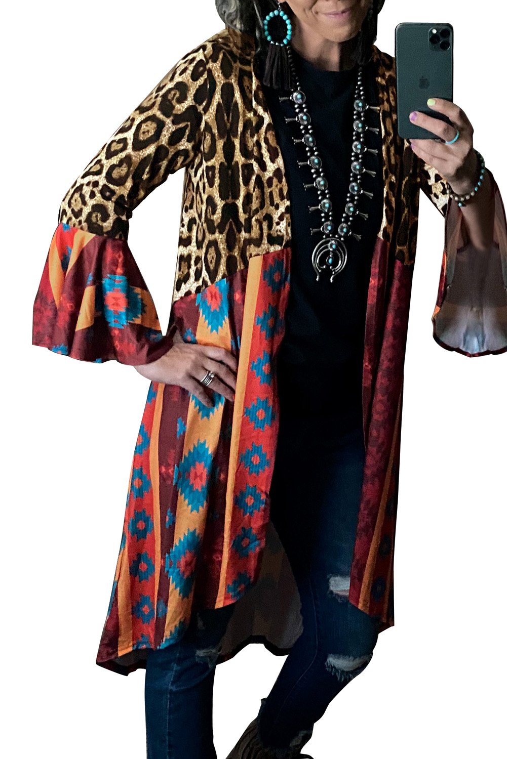 Aztec Leopard Splicing Ruffle Long Sleeve Cardigan