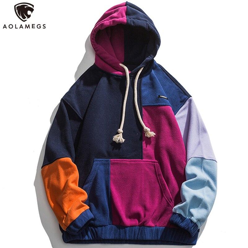 Hoodie Men Color Block Patchwork Graphic Embroidery Pullovers Soft