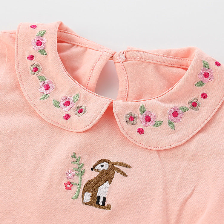 Baby Girl Cartoon & Floral Embroidery Pattern Mesh Overlay Design
