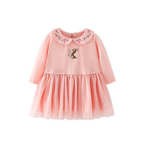 Baby Girl Cartoon & Floral Embroidery Pattern Mesh Overlay Design