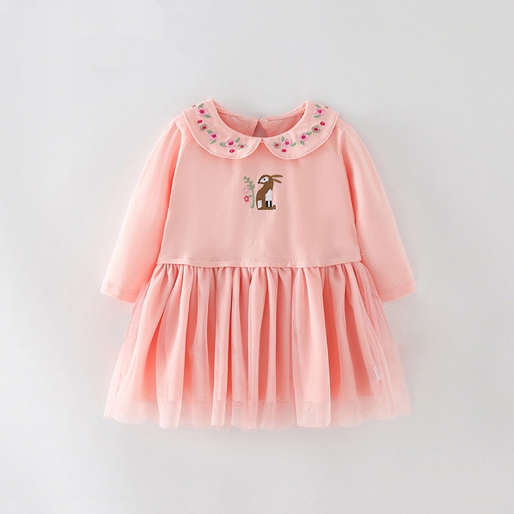 Baby Girl Cartoon & Floral Embroidery Pattern Mesh Overlay Design