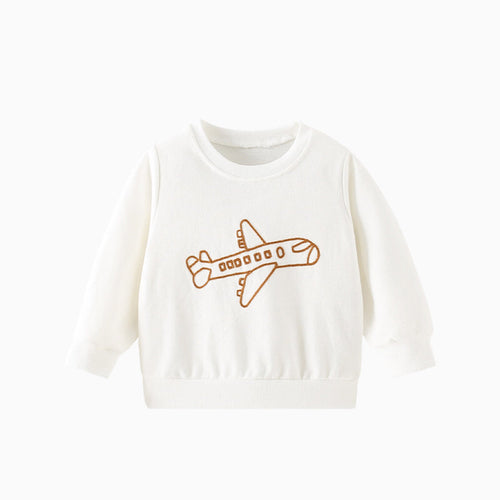 Baby Plane Embroidered Pattern Solid Color Long Sleeve Quality Hoodie