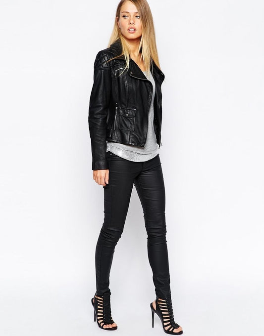 Women Real Lambskin Leather Biker Jacket KW070