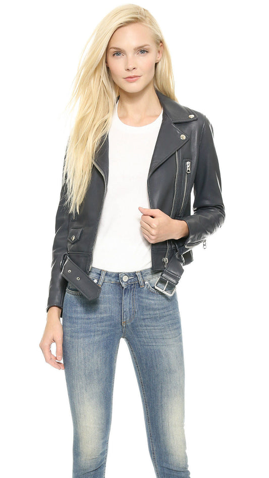 Women Real Lambskin Leather Biker Jacket KW071
