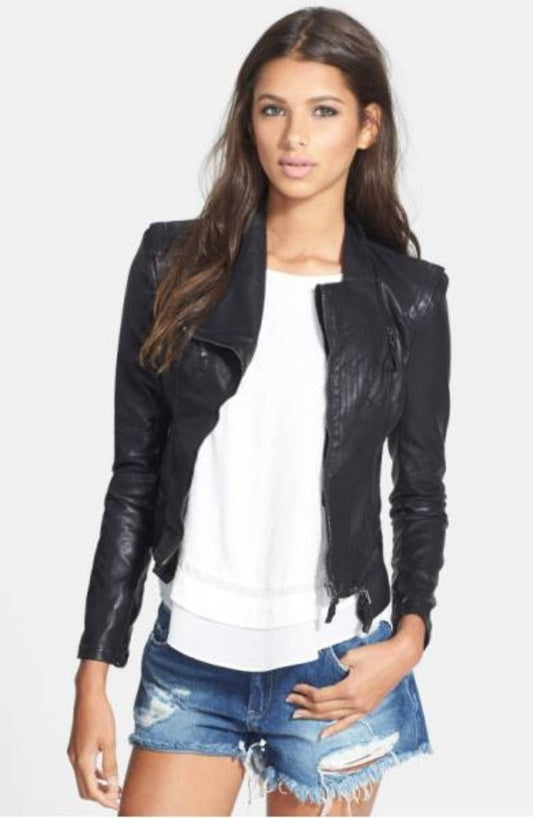 Women Real Lambskin Leather Biker Jacket KW311