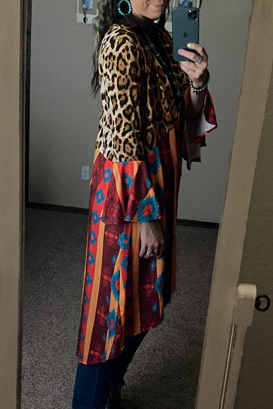 Aztec Leopard Splicing Ruffle Long Sleeve Cardigan