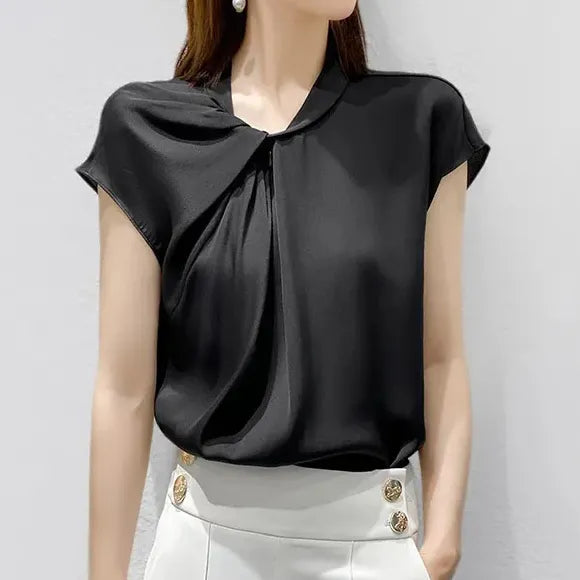 white short-sleeved heavy silk shirt women 2021 Amoi chic design niche  silk top  blusones de mujer  fashion  Silk