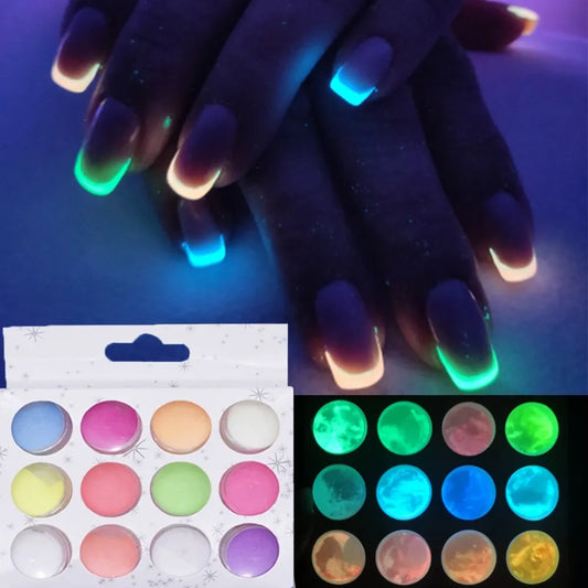 12 Boxes/Set Glow In Dark Glitter Nail Phosphorescent Powder Pigment Luminous  Shining Halloween Christmas Nail Art Decorations