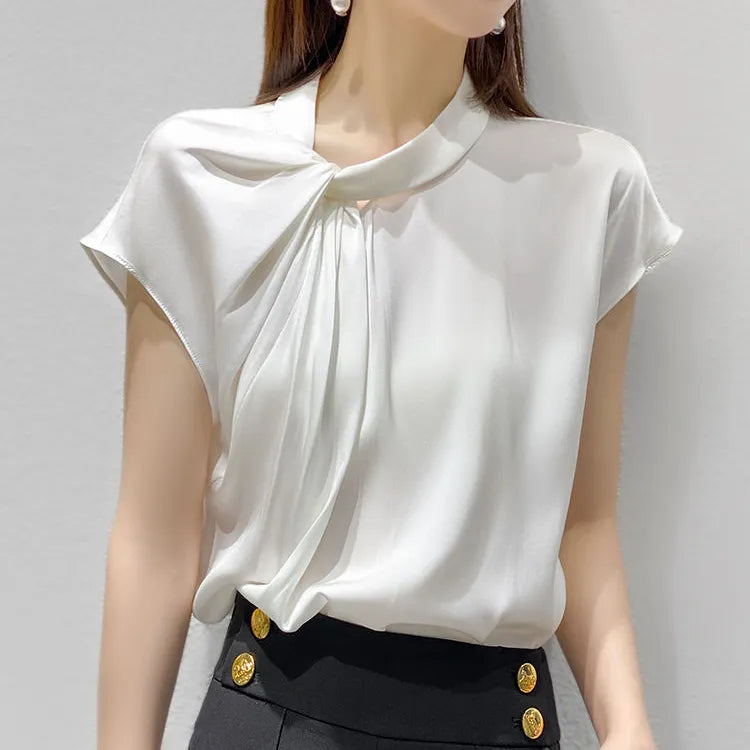 white short-sleeved heavy silk shirt women 2021 Amoi chic design niche  silk top  blusones de mujer  fashion  Silk