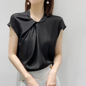 white short-sleeved heavy silk shirt women 2021 Amoi chic design niche  silk top  blusones de mujer  fashion  Silk