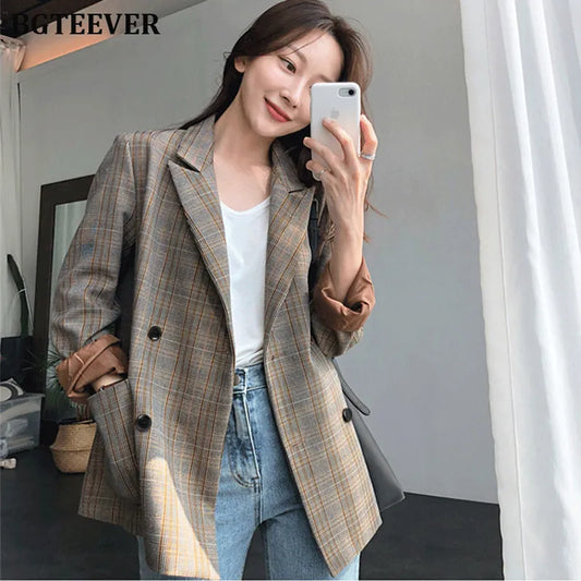 Vintage Plaid Double Breasted Women Blazer Oversized Full Sleeve Grid Female Suit Coat Elegant Autumn Women Jackets Outwear 2019