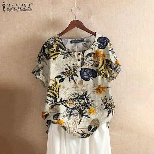 Fashion Floral Printed Tops Ladies Kaftan Chemise Short Sleeve Blouses ZANZEA Cotton Summer Women Shirt Causal