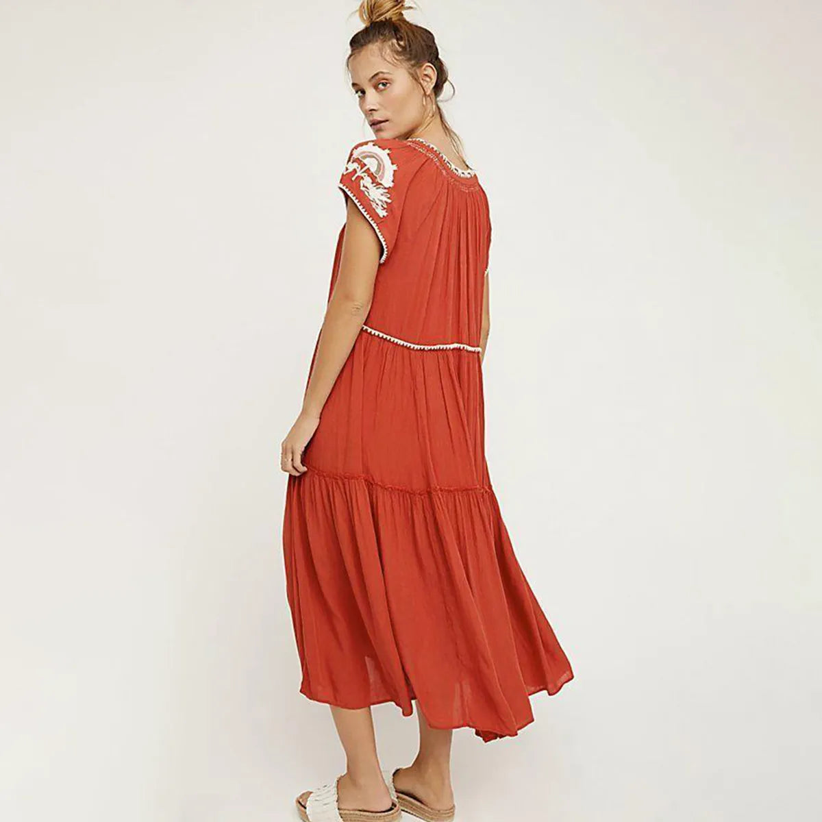 Daisy Fields Boho Maxi Dress Women Long Sleeve V neck Lace Up Sexy Dresses Ladies Red Embroidery Gypsy Hippie Long Dress 2020