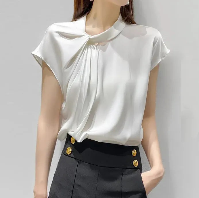 white short-sleeved heavy silk shirt women 2021 Amoi chic design niche  silk top  blusones de mujer  fashion  Silk