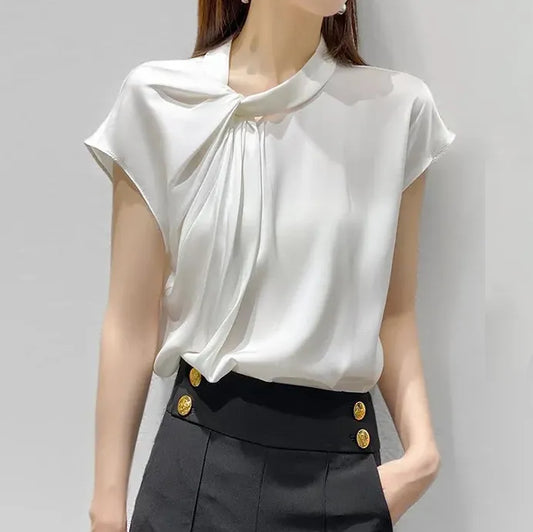 white short-sleeved heavy silk shirt women 2021 Amoi chic design niche  silk top  blusones de mujer  fashion  Silk