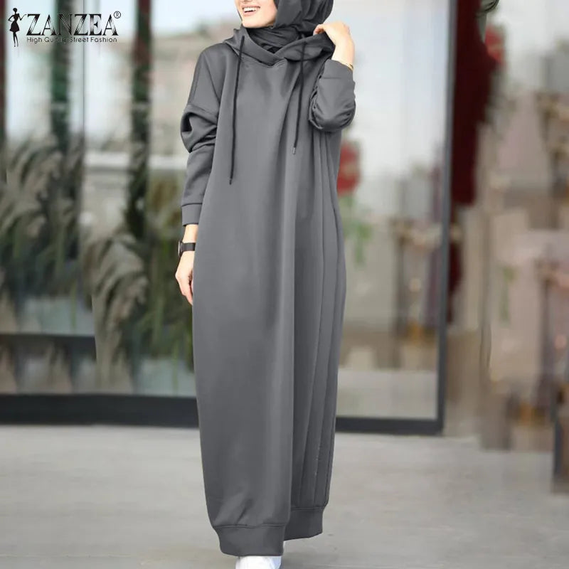 Women's Hooded Pullovers ZANZEA 2023 Fashion Winter Hoodies Casual Long Sleeve Maxi Vestidos Female Drawstring Robe