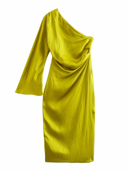 Draped Satin Asymmetrical Midi Dress