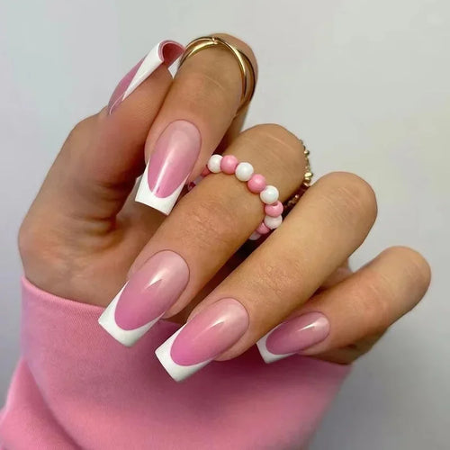 24pcs Short Translucent Fake Nails Glitter Pearl Design False Nails