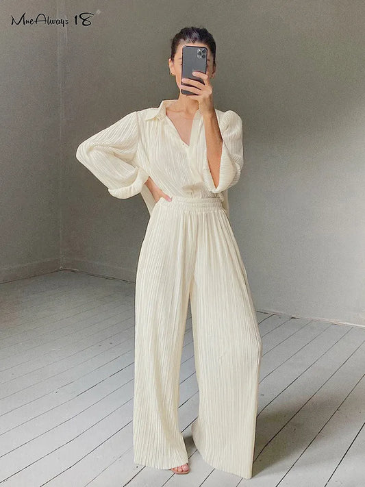 Mnealways18 Beige Pleated Wide Leg Pants Womens Pants Fashion 2023 Casual Loose Trousers Office Lady Elegant Long Palazzo Pants