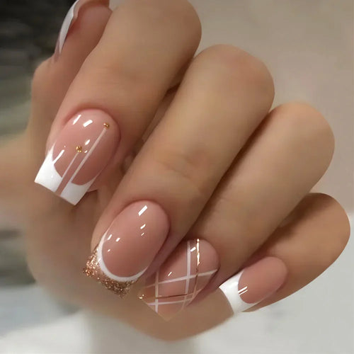 24pcs Short Translucent Fake Nails Glitter Pearl Design False Nails