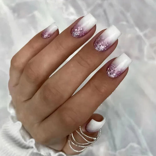 24pcs Short Translucent Fake Nails Glitter Pearl Design False Nails