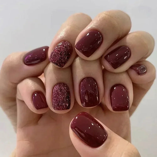 24pcs Short Translucent Fake Nails Glitter Pearl Design False Nails