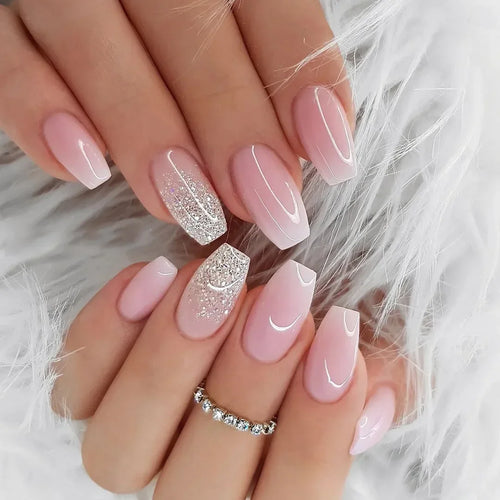 24pcs Short Translucent Fake Nails Glitter Pearl Design False Nails