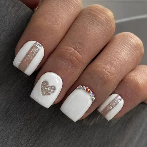 24pcs Short Translucent Fake Nails Glitter Pearl Design False Nails