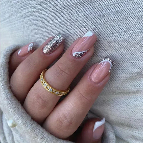 24pcs Short Translucent Fake Nails Glitter Pearl Design False Nails