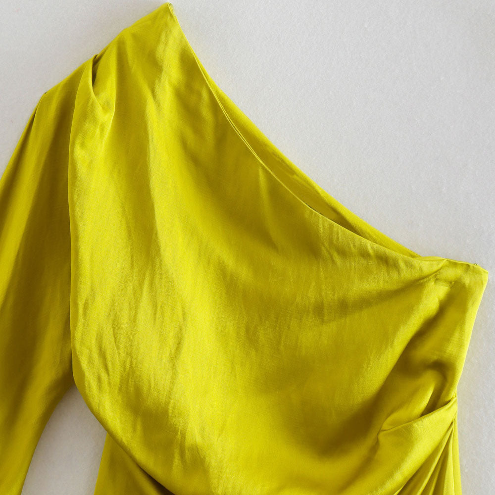 Draped Satin Asymmetrical Midi Dress