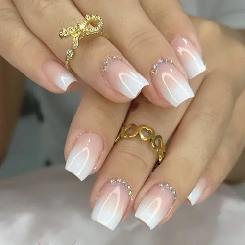 24pcs Short Translucent Fake Nails Glitter Pearl Design False Nails