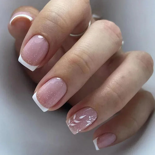 24pcs Short Translucent Fake Nails Glitter Pearl Design False Nails
