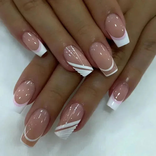 24pcs Short Translucent Fake Nails Glitter Pearl Design False Nails