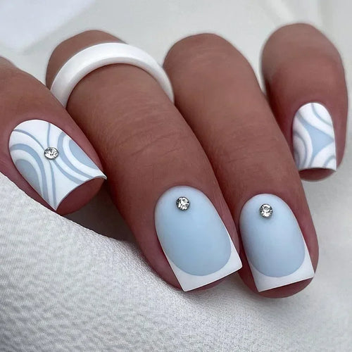 24pcs Short Translucent Fake Nails Glitter Pearl Design False Nails