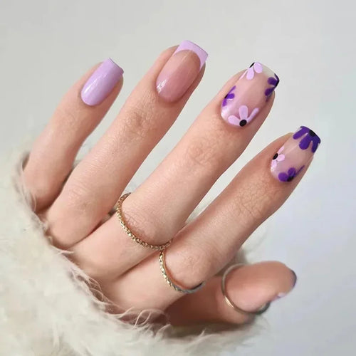 24pcs Short Translucent Fake Nails Glitter Pearl Design False Nails