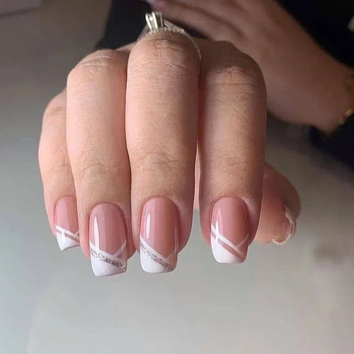 24pcs Short Translucent Fake Nails Glitter Pearl Design False Nails