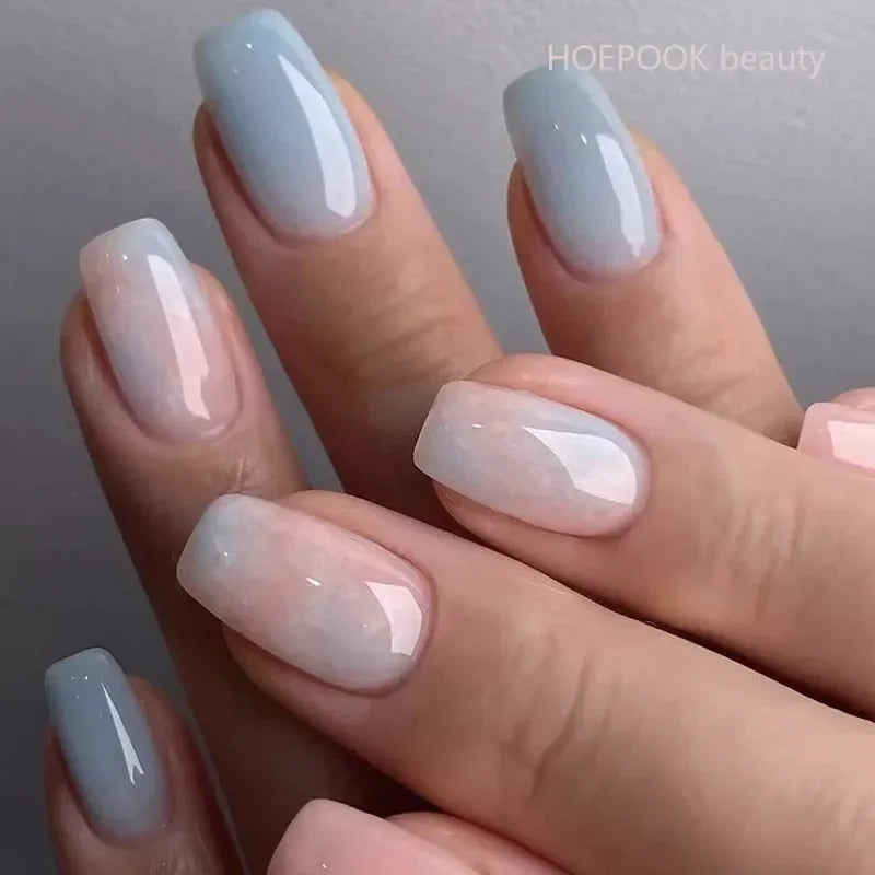 24pcs Short Translucent Fake Nails Glitter Pearl Design False Nails