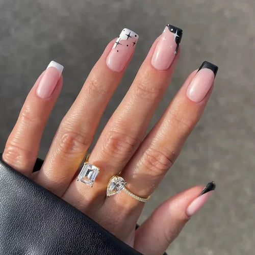 24pcs Short Translucent Fake Nails Glitter Pearl Design False Nails