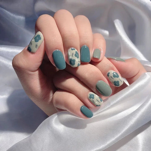 24pcs Short Translucent Fake Nails Glitter Pearl Design False Nails