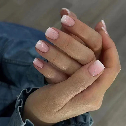 24pcs Short Translucent Fake Nails Glitter Pearl Design False Nails