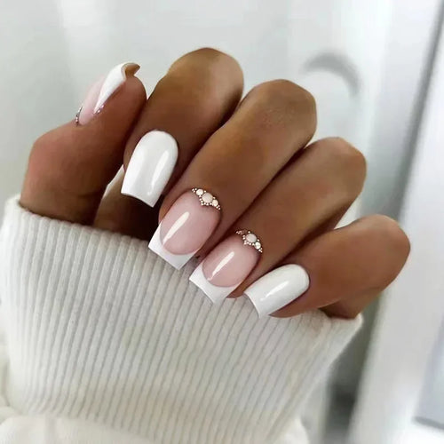 24pcs Short Translucent Fake Nails Glitter Pearl Design False Nails