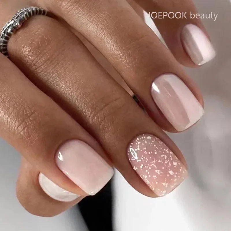 24pcs Short Translucent Fake Nails Glitter Pearl Design False Nails