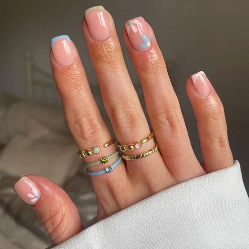 24pcs Short Translucent Fake Nails Glitter Pearl Design False Nails