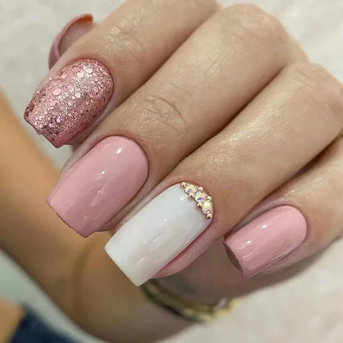 24pcs Short Translucent Fake Nails Glitter Pearl Design False Nails