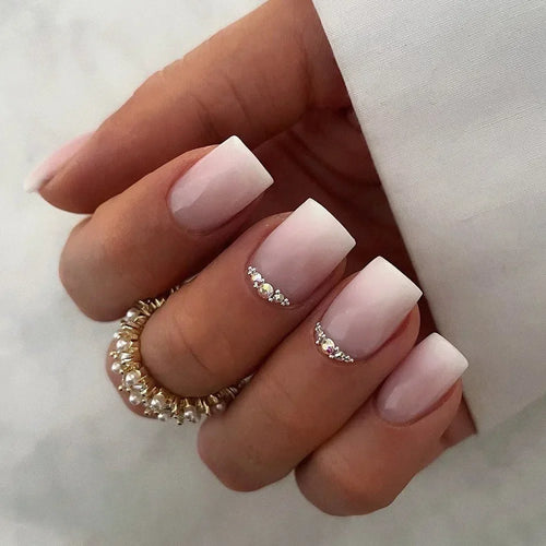 24pcs Short Translucent Fake Nails Glitter Pearl Design False Nails
