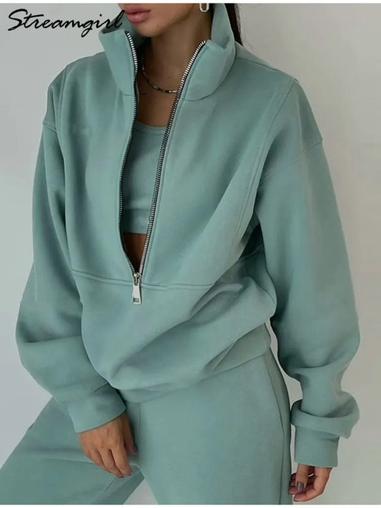 Streamgirl Gray Thick Winter Women Tracksuit 2 Piese Set Pink Fleece