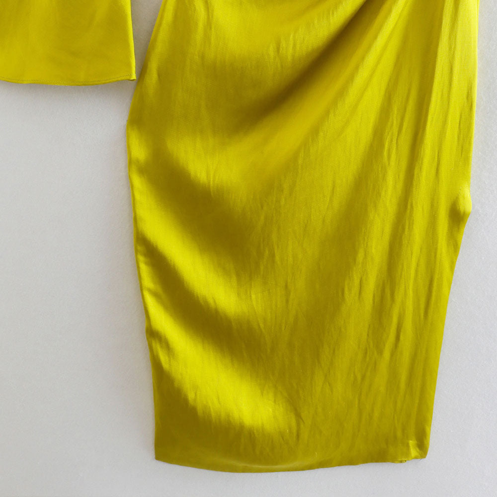 Draped Satin Asymmetrical Midi Dress