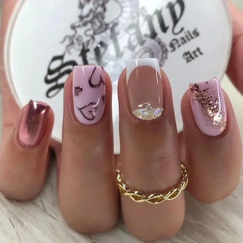 24pcs Short Translucent Fake Nails Glitter Pearl Design False Nails