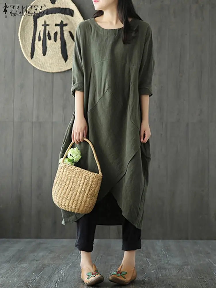 ZANZEA Women Autumn Long Sleeve Irregular Hem Loose Solid Midi Dress Vintage Vestido Casual Party Tunic Dresses Robe Sundress