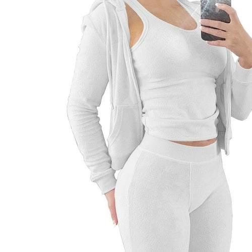 Women Thick Fleece 3 Piece Set Sweatpants & Vest & Hoodies Jackets Set